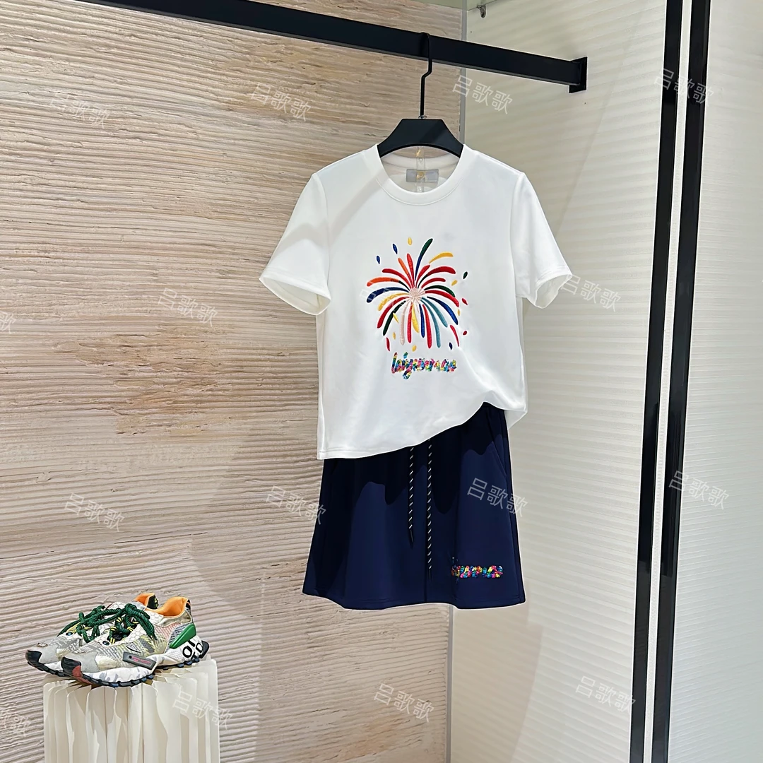 【宠粉价】夏季重工彩片烟花刺绣圆领短袖套装裙裤JC-A3673