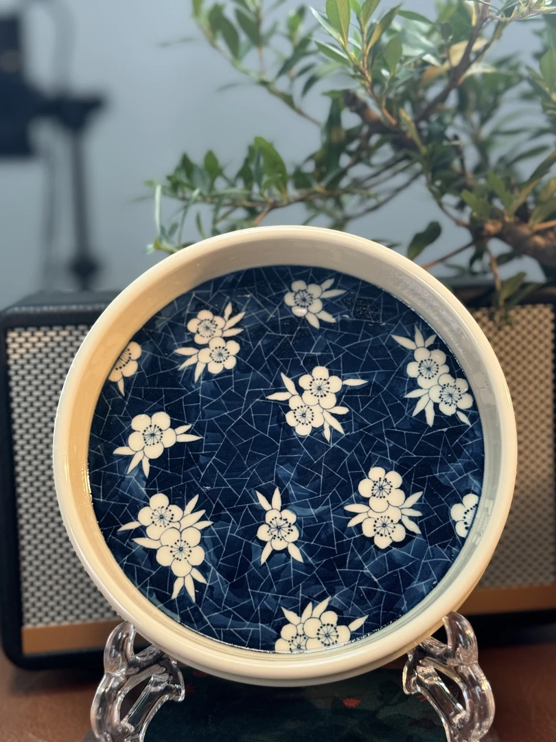 A079景德镇手绘青花冰梅壶承  17cm