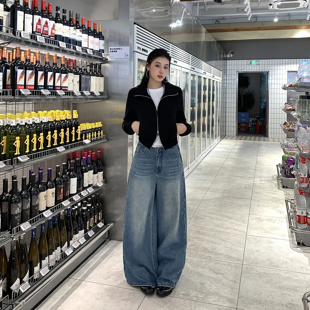 VMZM休闲大阔腿牛仔裤女新款复古高腰显瘦宽松直筒百搭拖地长裤