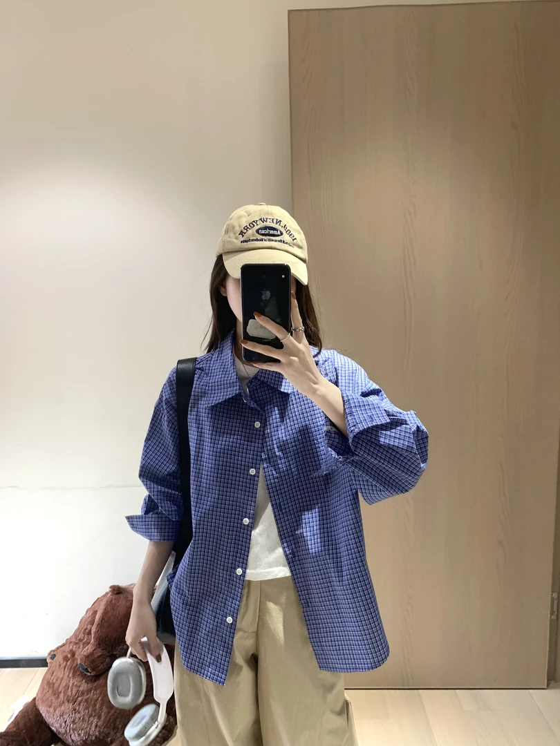 【48小时】美式bf蓝色格纹衬衫女韩系复古宽松显瘦通勤百搭衬衣春季