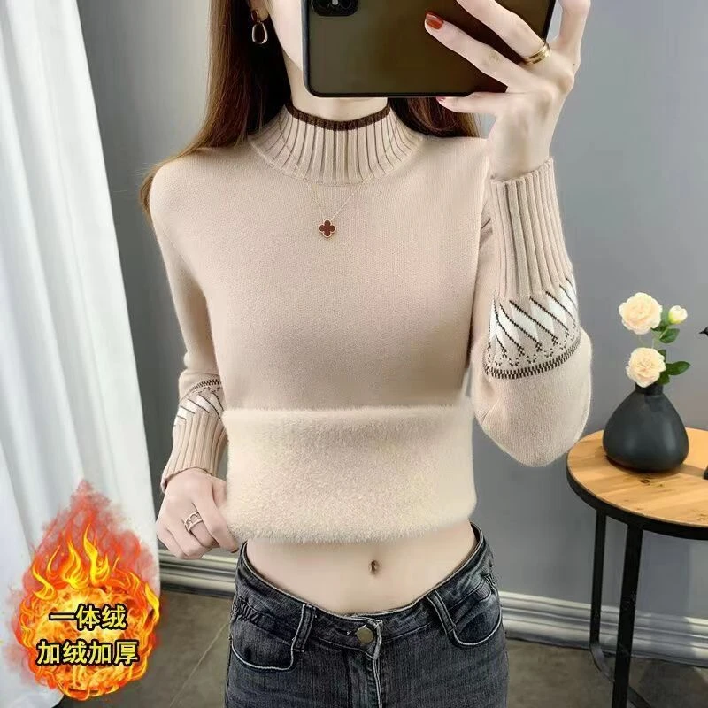 百搭一体绒毛衣女半高领针织加厚针织打底衫加厚保暖秋冬毛衣潮
