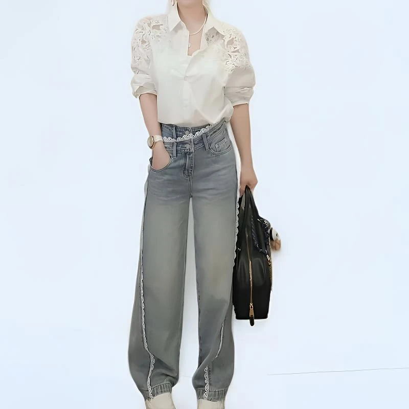 春季休闲长袖衬衣蕾丝拼接牛仔裤洋气衣服女轻奢气场强大女装