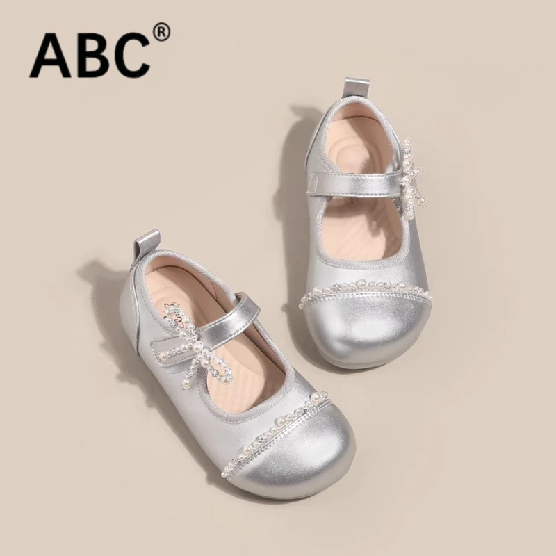 ABC女童小皮鞋银色公主鞋2025春秋季新款儿童芭蕾鞋软底宝宝鞋子