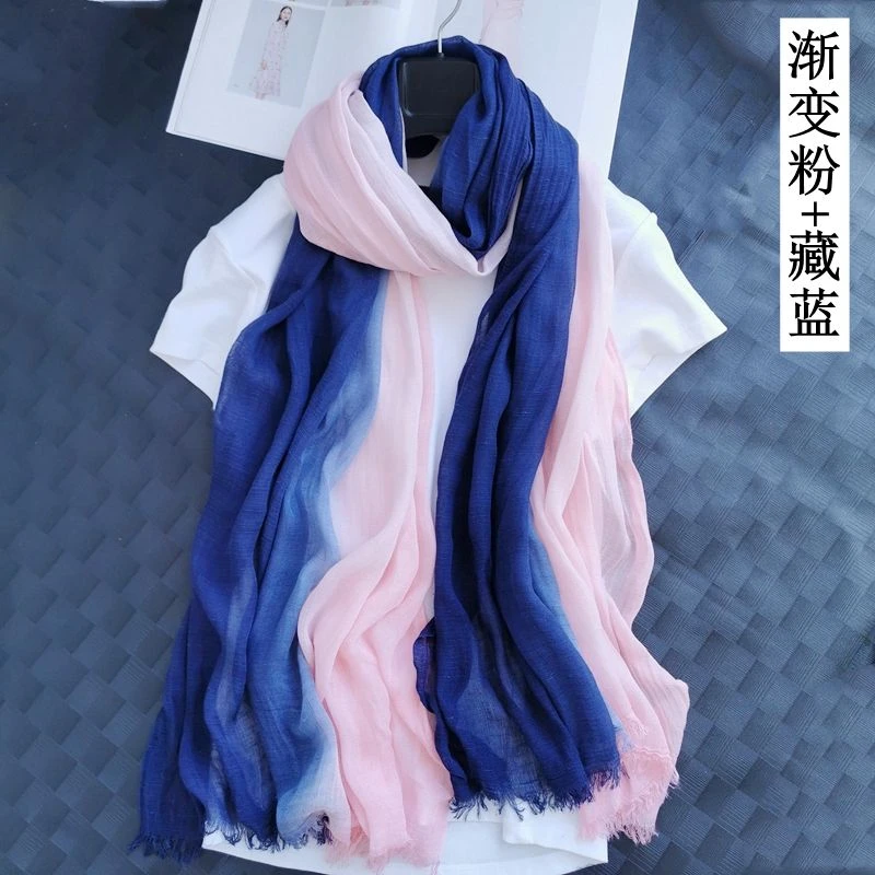 渐变色棉麻围巾女竹节棉双色柔软舒适材质