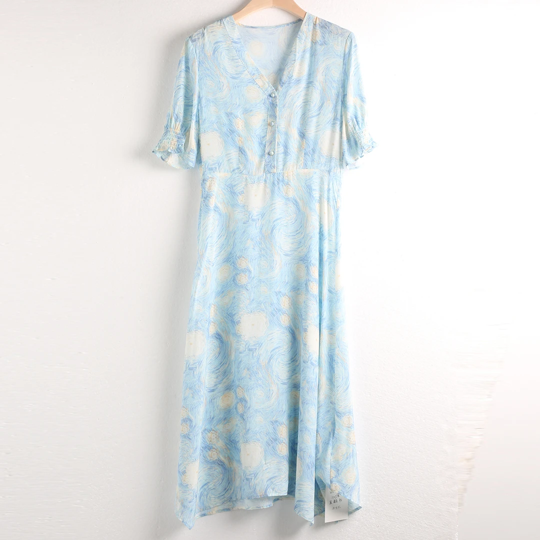 【X】新款桑蚕丝连衣裙 WYC-Y0038 蕾丝碎花气质蓝色时尚