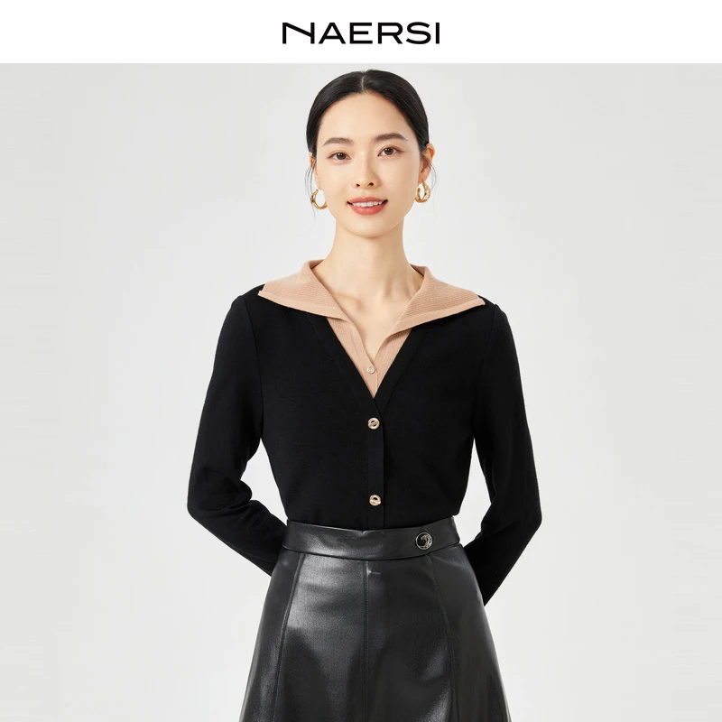 NAERSI/娜尔思流光智性风撞色翻领气质时髦秋冬羊毛衫NZ02982W0