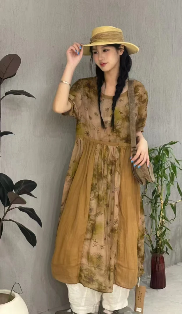 气质苎麻连衣裙夏季新款花色中长款显瘦收腰大摆裙
