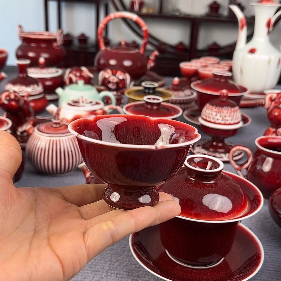 景德镇陶瓷红马坊花口高脚杯