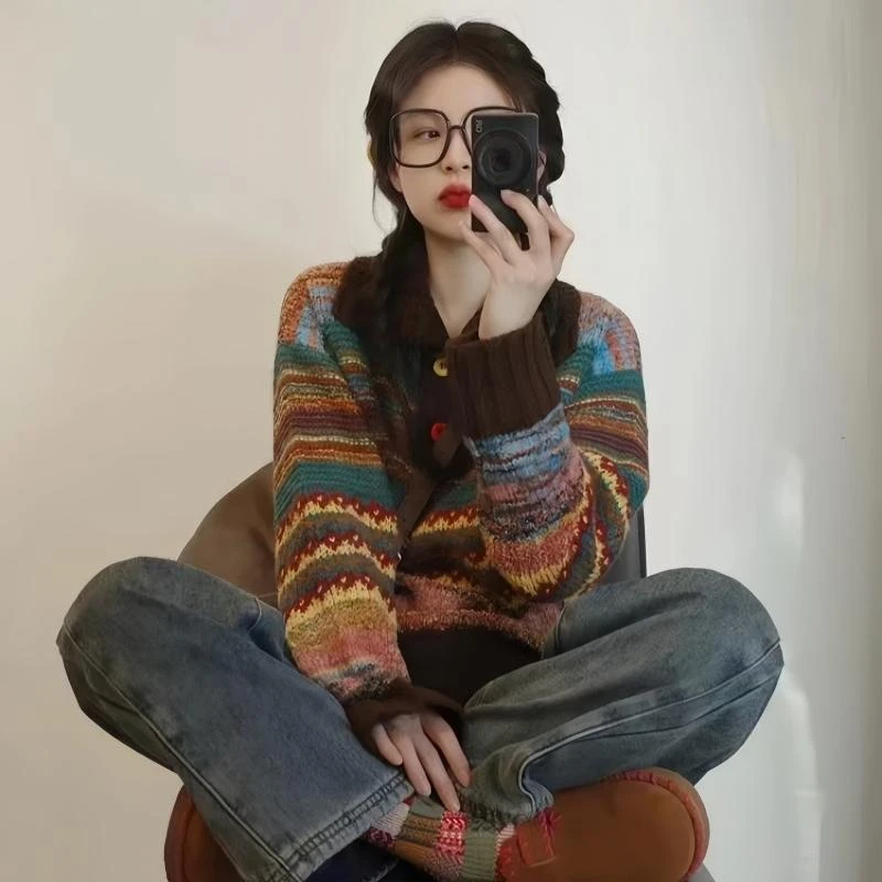 韩版费尔岛毛衣女慵懒高级彩色条纹美拉德宽松显瘦复古针织上衣