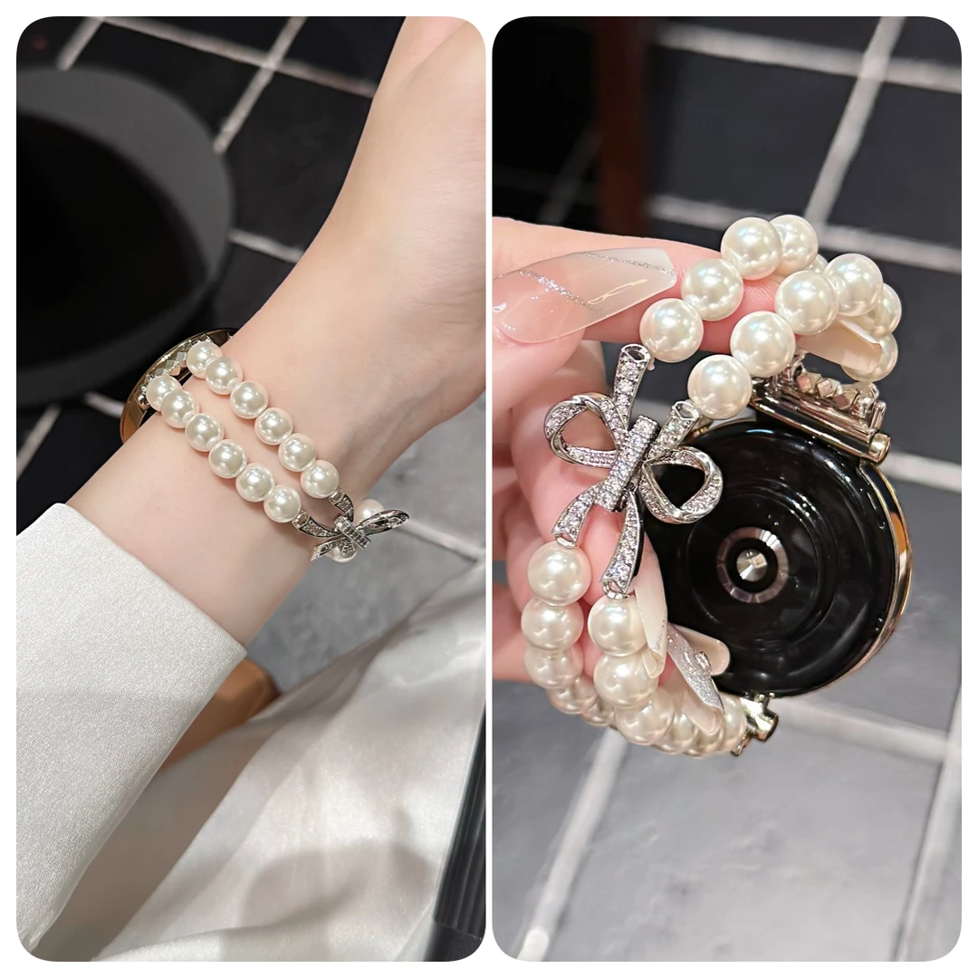 轻奢珍珠链适用华为GT5手表带watch4pro弹力腕带fit3蝴蝶结手环10