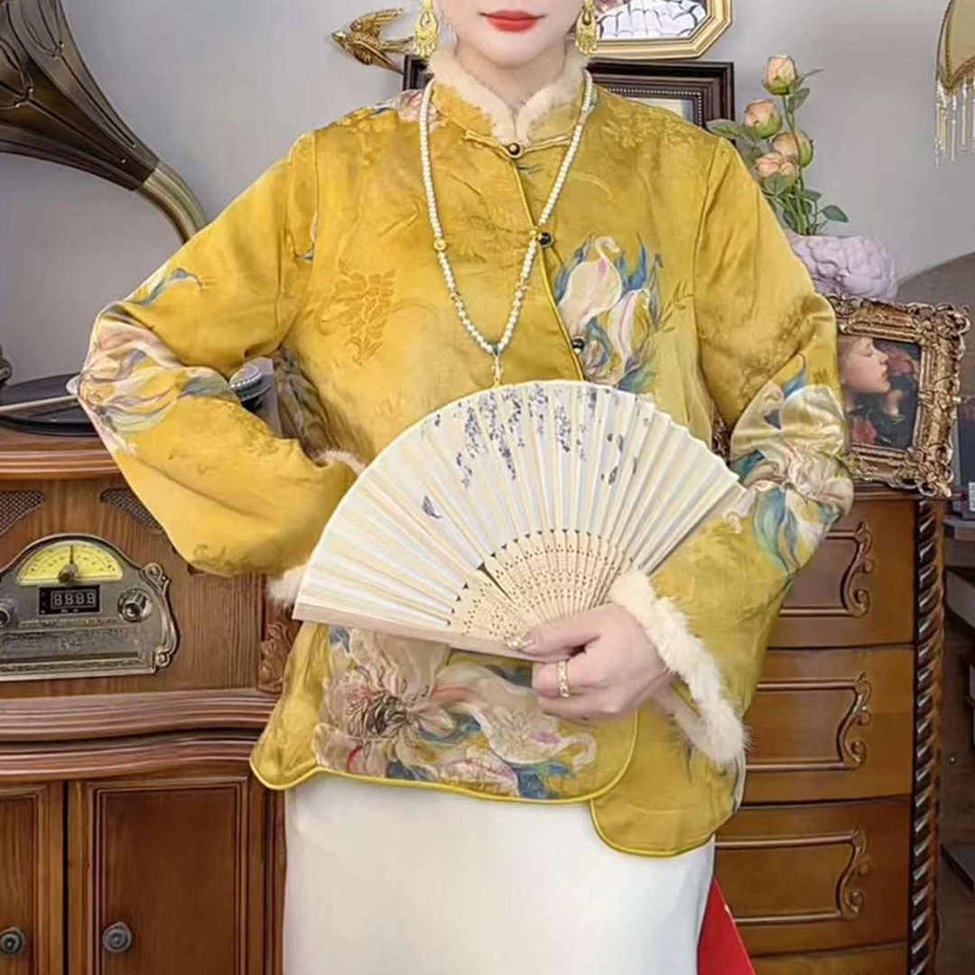 新中式拼接毛边衬衫国风立领斜襟棉衣外套J复古气质百搭小开衫女