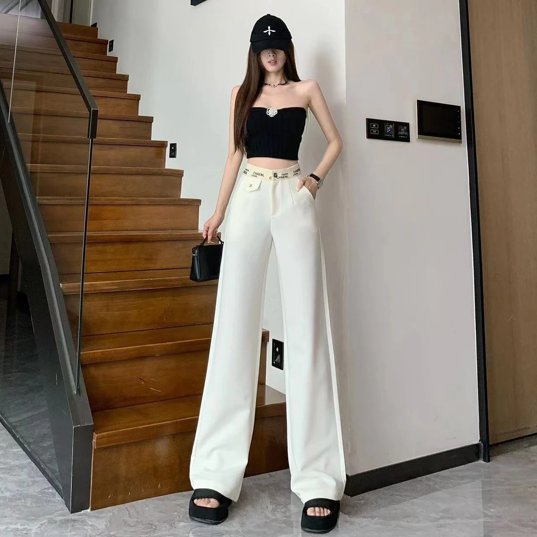高端小香西装阔腿裤女春夏小个子设计感字母腰窄版毛呢羊绒直筒裤