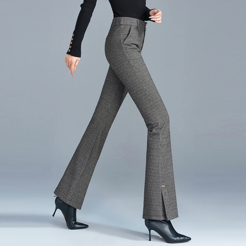 开叉微喇裤女士妈妈年春秋春游新款毛呢格子九分小众休闲裤