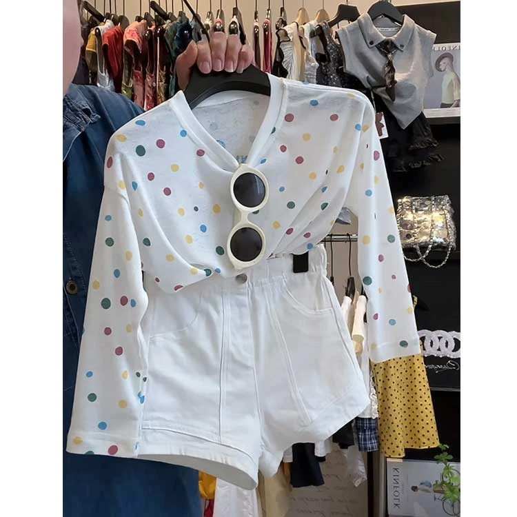 韩版童装女童夏装套装2025新款休闲彩色波点罩衫上衣弹力短裤