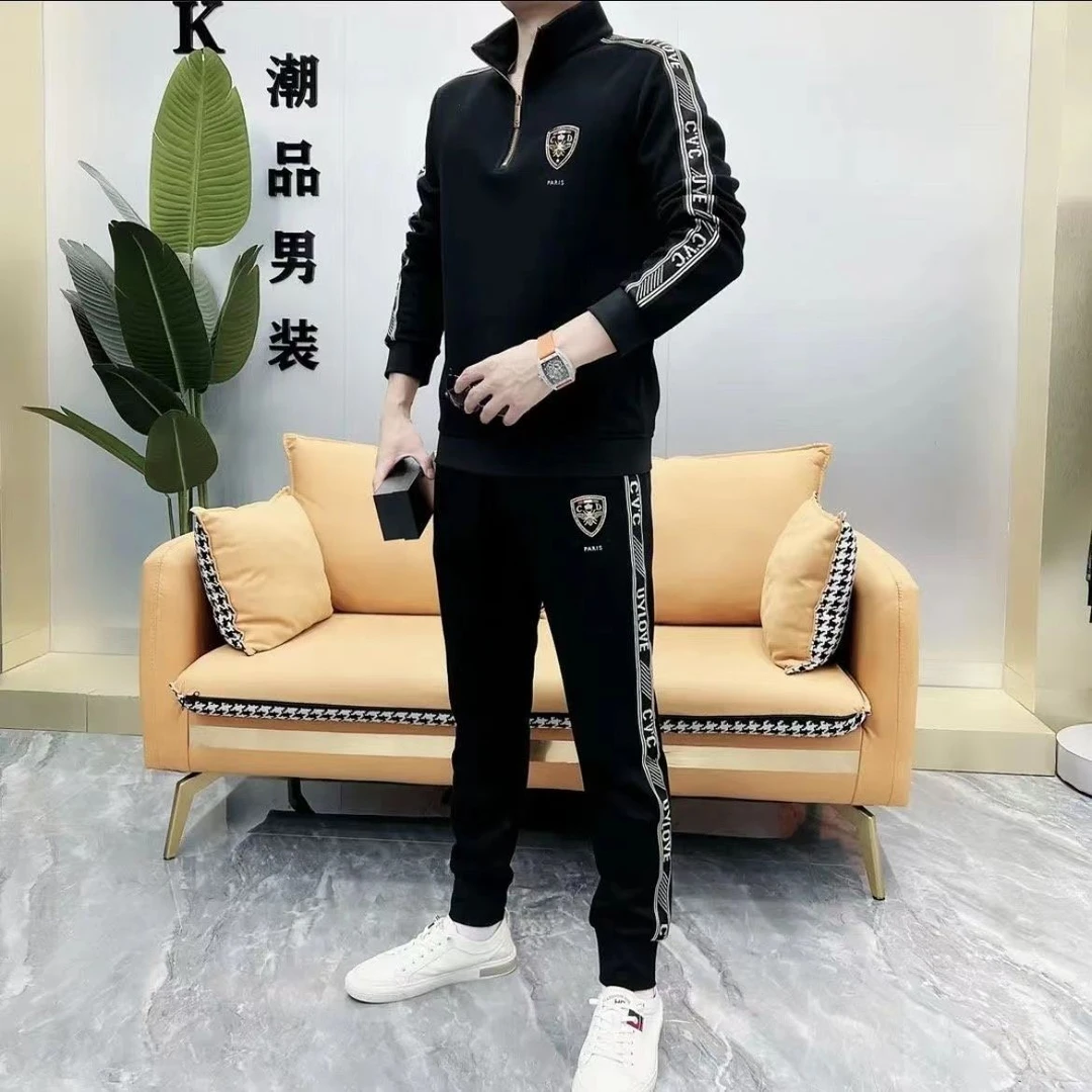 欧洲站2025春秋季新款男士时尚百搭立领潮流轻奢拉链痞帅套装男