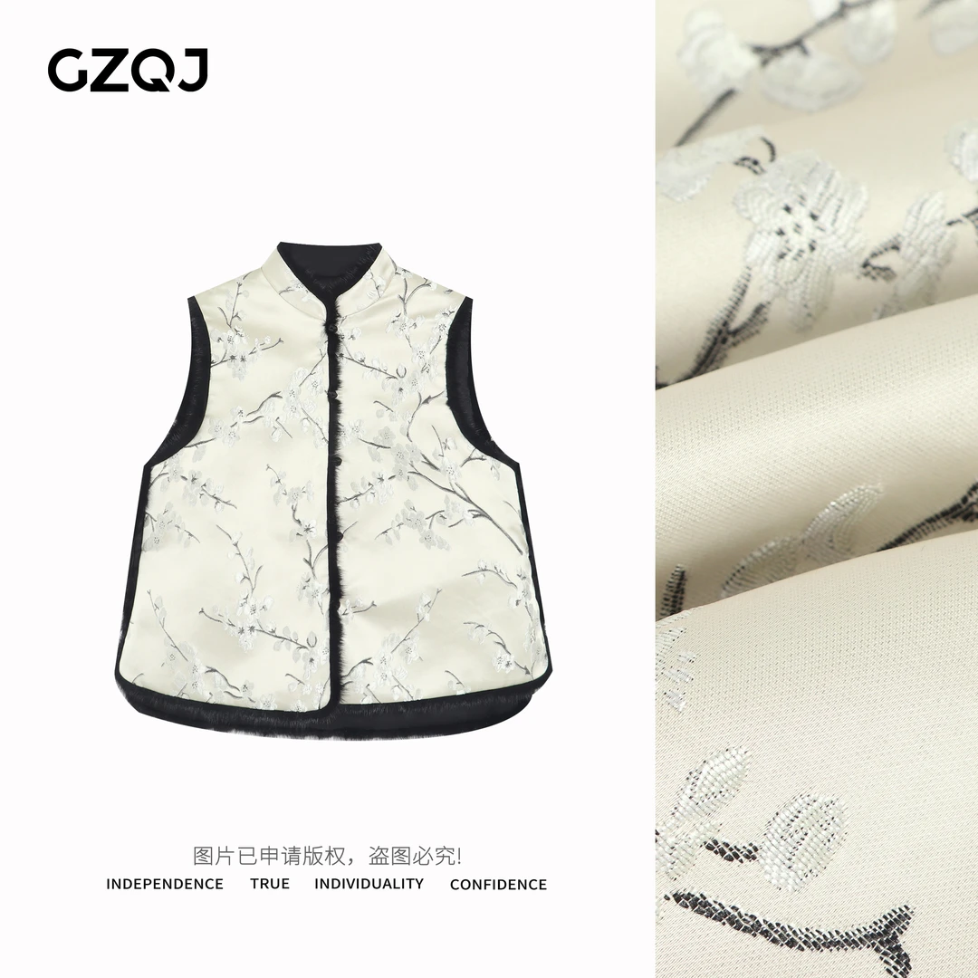 广州琴姐【香榭白茶】水貂拼接时尚国风刺绣马甲马夹上衣女秋冬9668