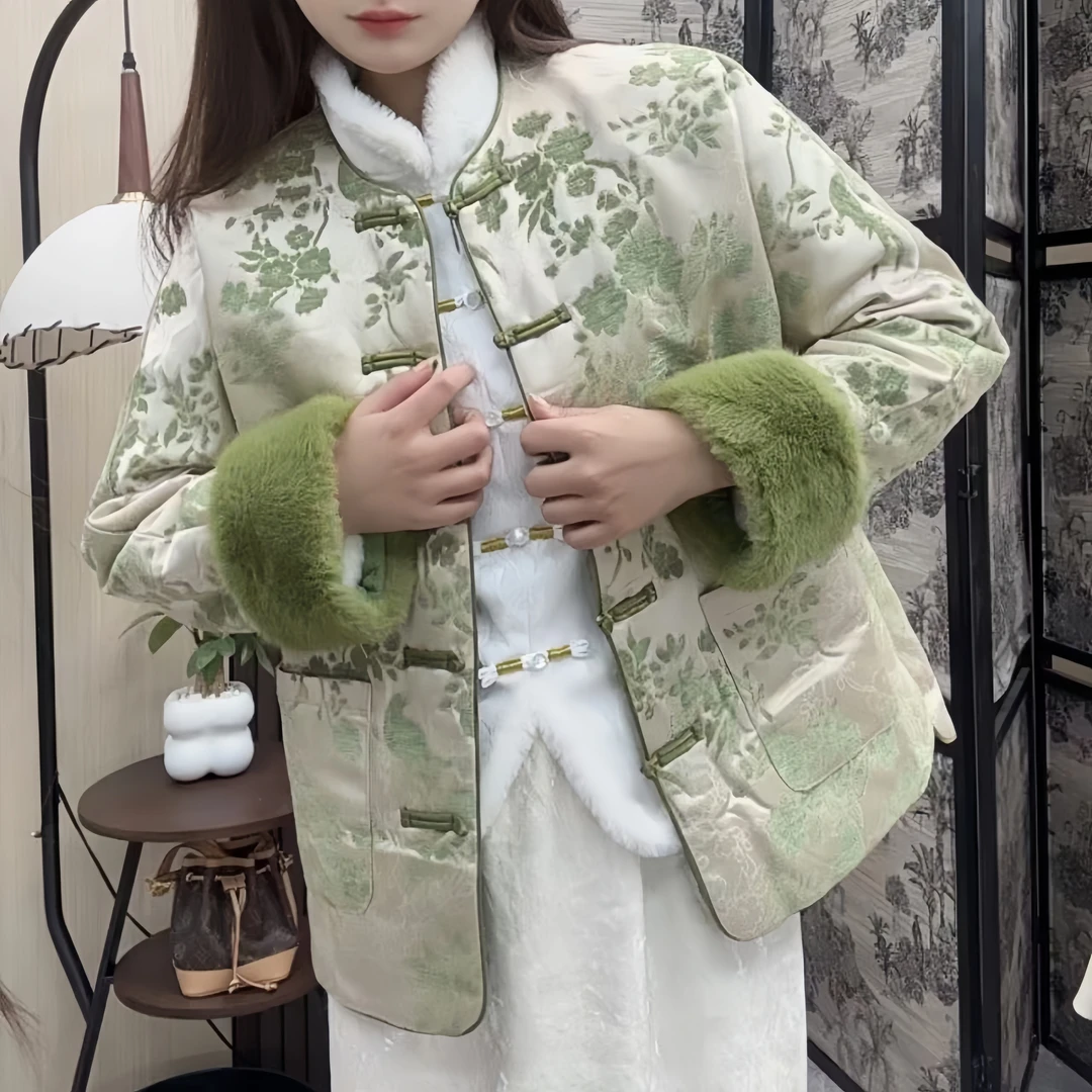 【绿意】 新中式长袖丝绒加厚款外套长袖显瘦款