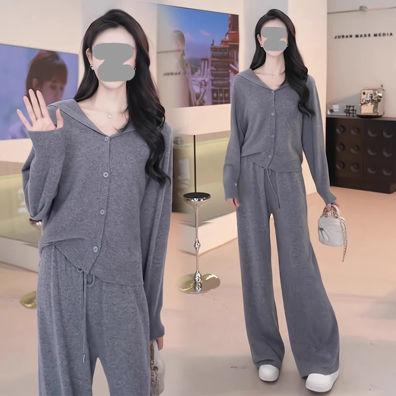 慵懒感休闲套装女2025秋季新款灰色连帽长袖针织衫休闲长裤两件套