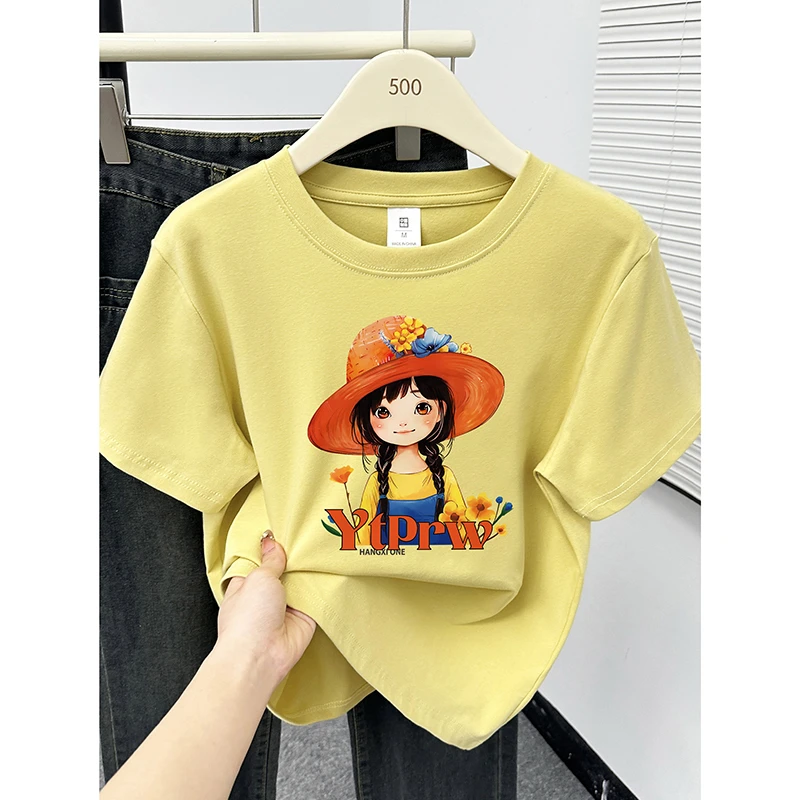 韩版小女孩印花姜黄色短袖T恤女夏季正肩时尚百搭圆领洋气上衣潮