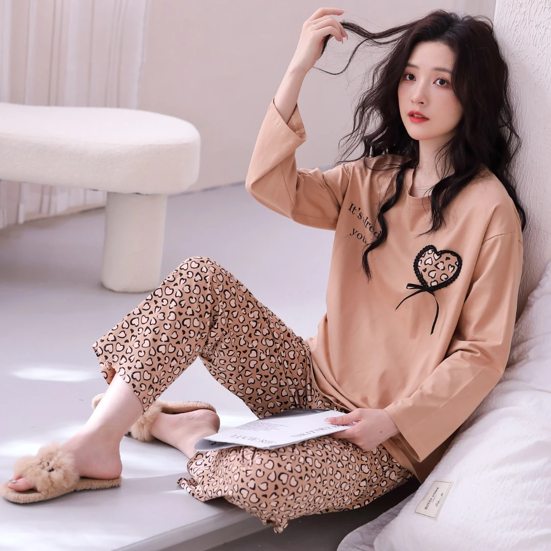 女士纯棉长袖新款圆领卡通可爱外穿居家服套装8349