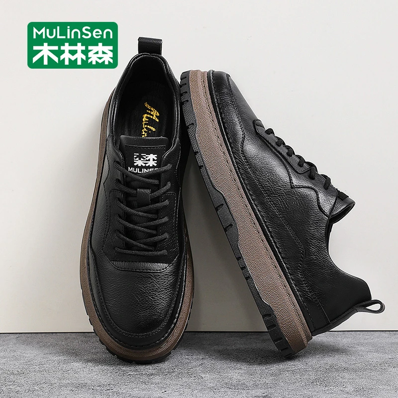 木林森休闲皮鞋2025春秋新款男士英伦风黑色板鞋软底防滑低帮男鞋