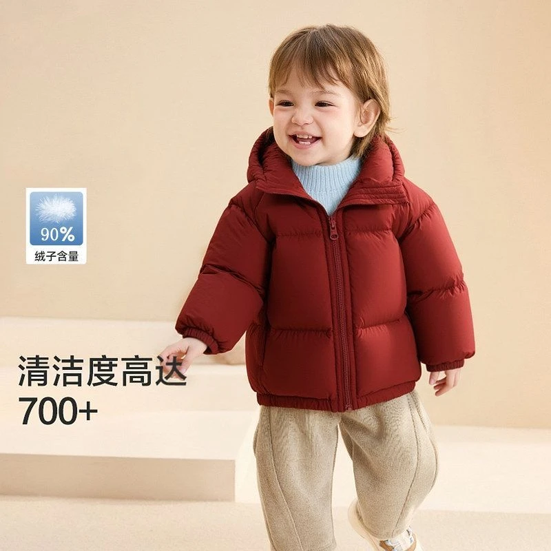折扣婴儿羽绒服男女宝宝秋冬新款小童外套安可拉红连帽三防羽绒服