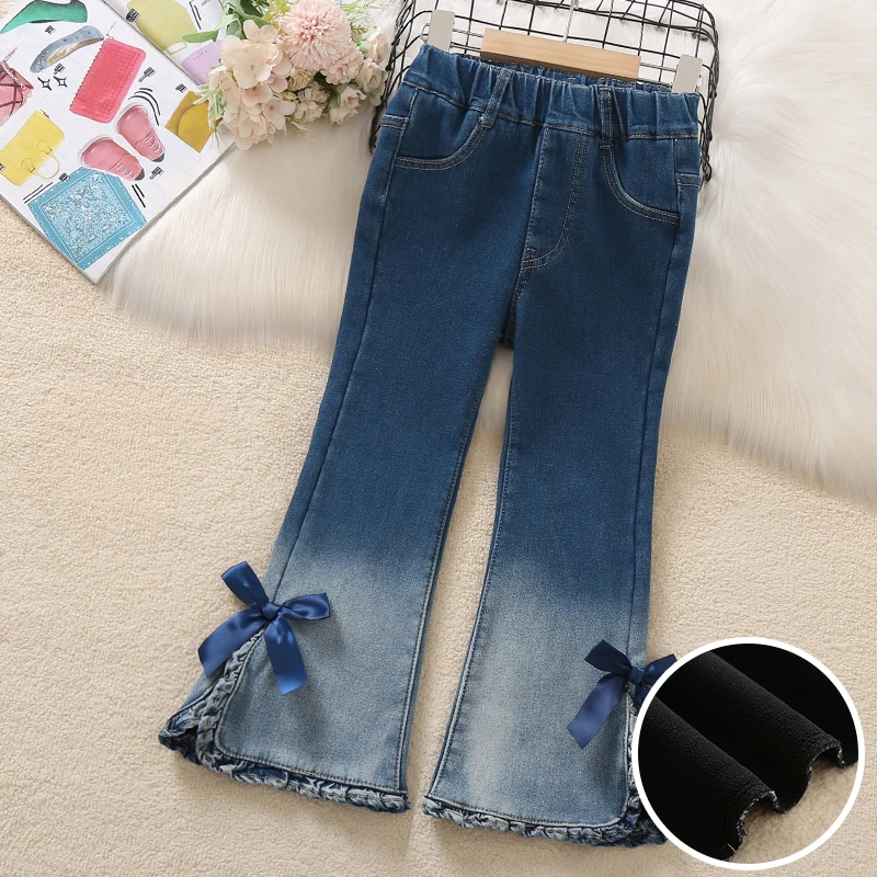 女童加绒喇叭裤冬装2025新款网红炸街蝴蝶结牛仔裤儿童儿童衣服