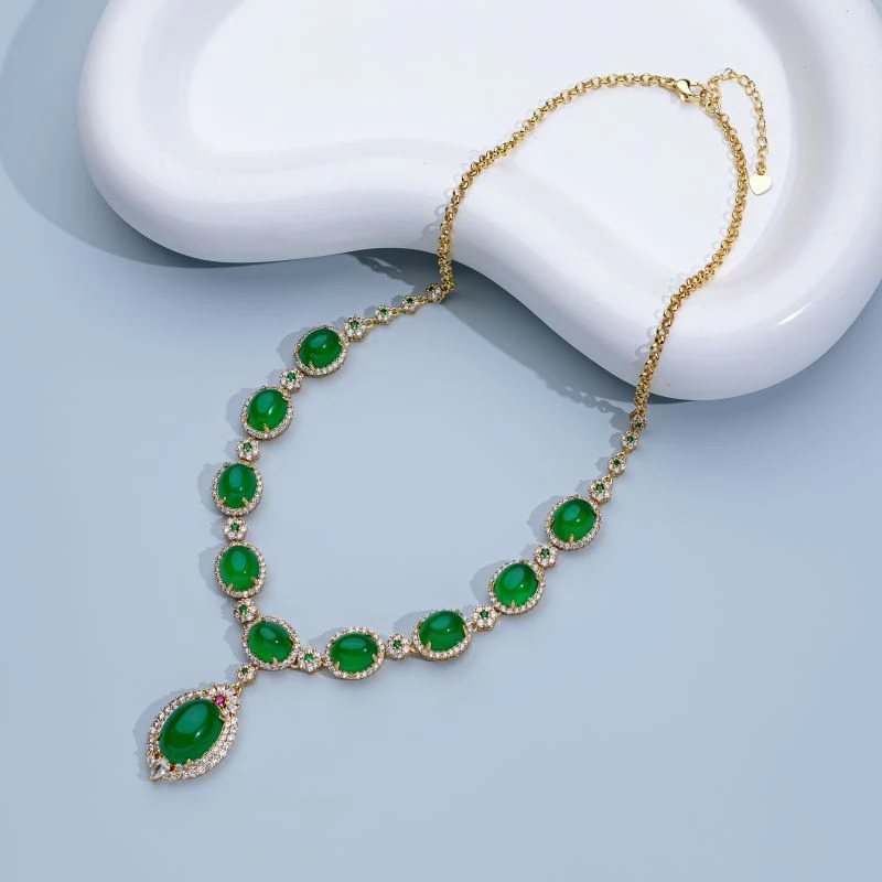 非金属仿珍珠项链 冰种玉项链冰透绿项链