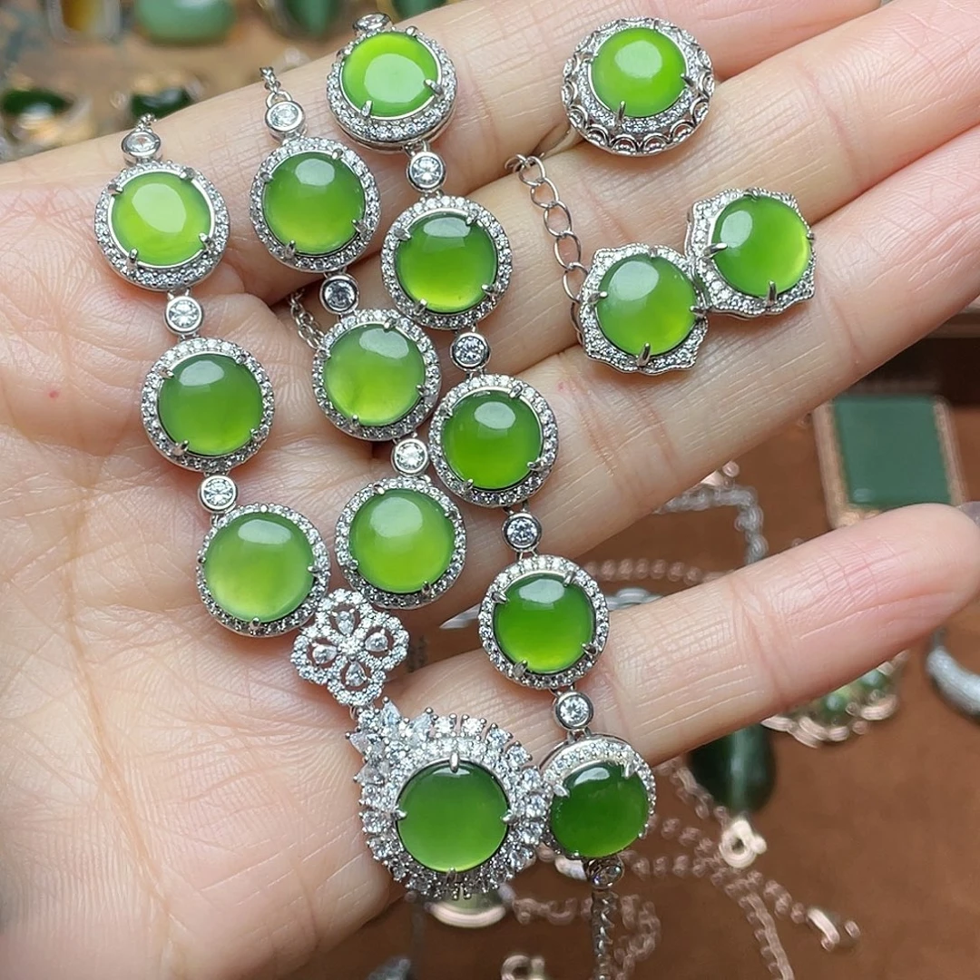 和田玉（碧玉）银S925镶嵌吊坠(不含链)套装