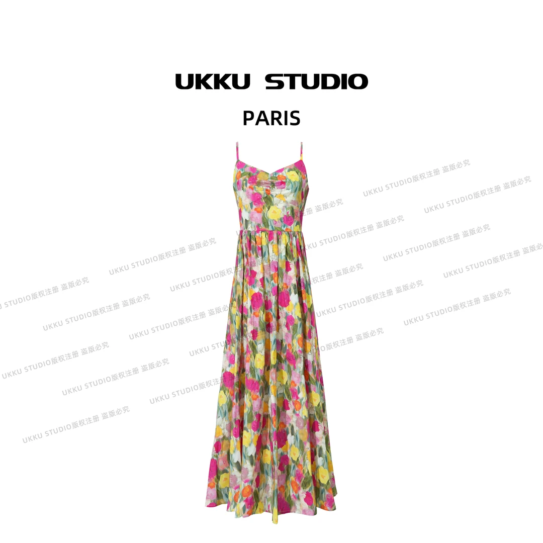 牛【UKKU STUDIO】【花海】轻奢设计师收腰碎花吊带连衣裙914131