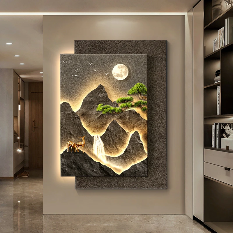 轻奢山水玄关装饰画立体砂岩客厅背景墙挂画高级感走廊尽头壁灯画