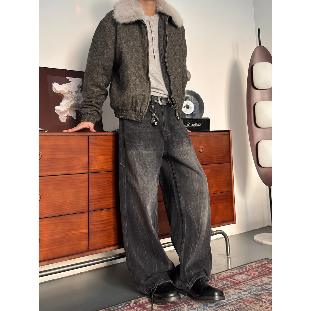 CZ2水洗做旧重工花裂纹猫须磨白美式复古男女宽松休闲廓形直筒裤