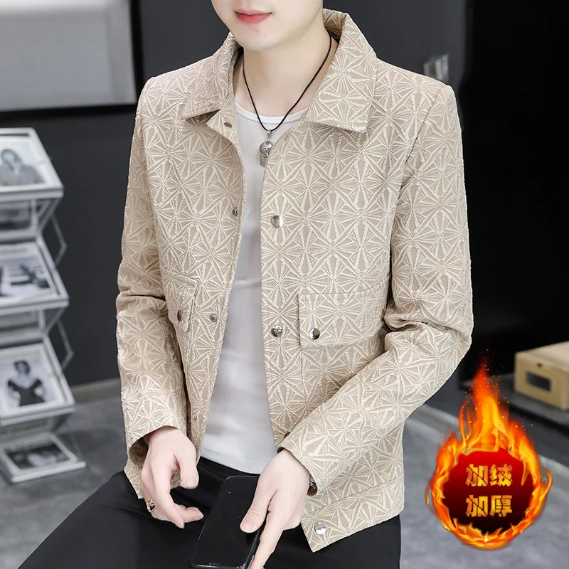 男士潮牌品质夹克翻领格子韩版潮流加绒短款风衣外套修身帅气上衣