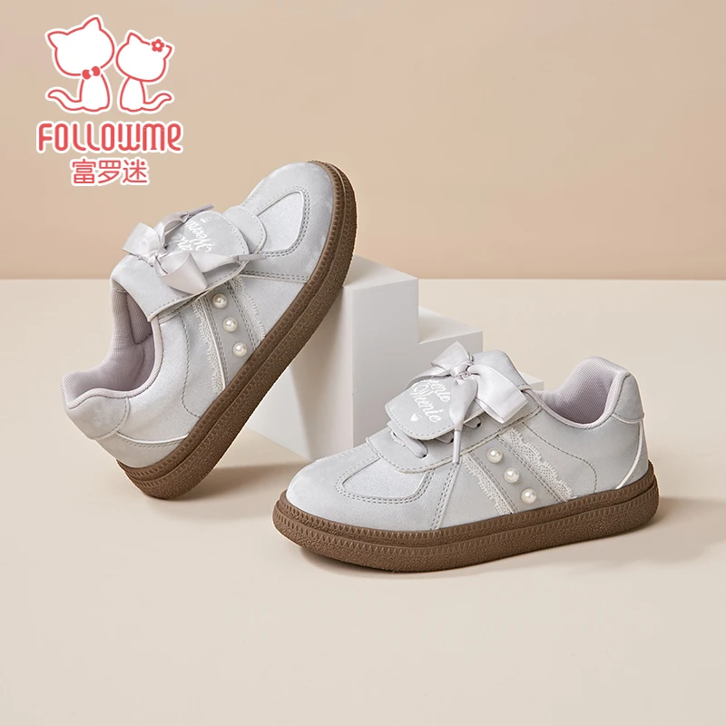 富罗迷儿童时尚德训鞋秋季新款女童珍珠甜美舒适百搭板鞋5C9271