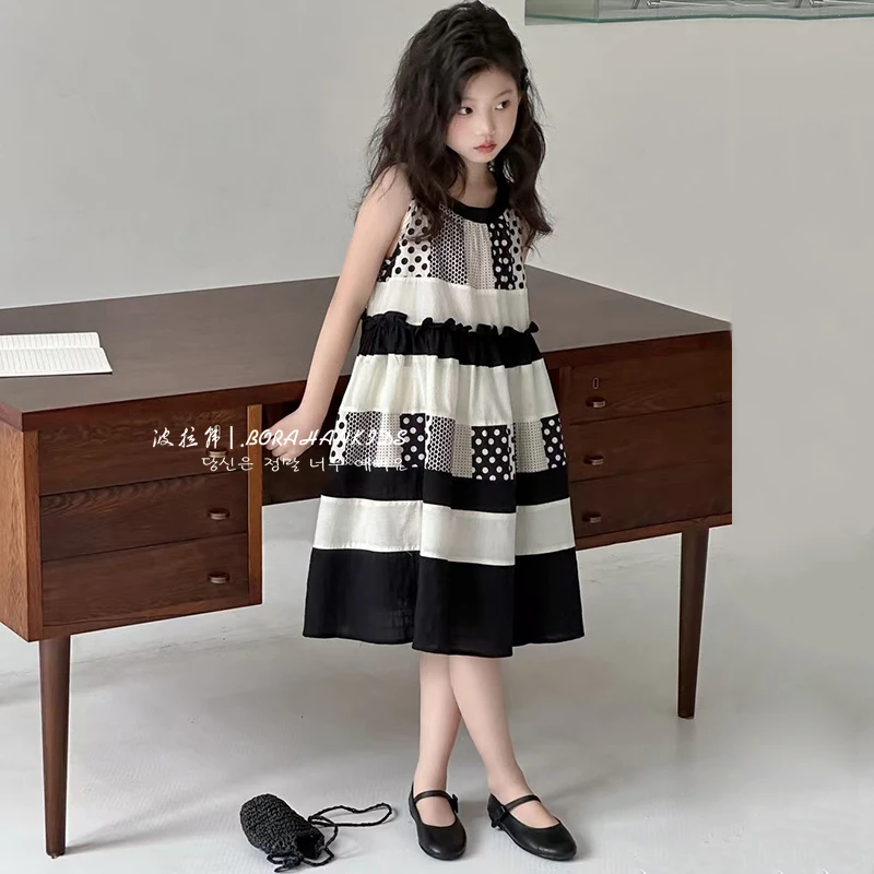 韩女童连衣裙2025新款儿童夏季裙子中大童洋气背心裙挂脖洋气长裙