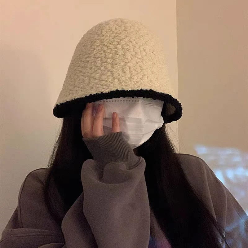 黑色毛绒渔夫帽女2024新款秋冬季百搭显脸小针织水桶帽子大头围