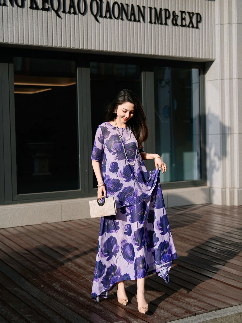 HZHJ原创设计师款紫荷花夏季休闲套装气质洋气轻奢显瘦1910时尚女
