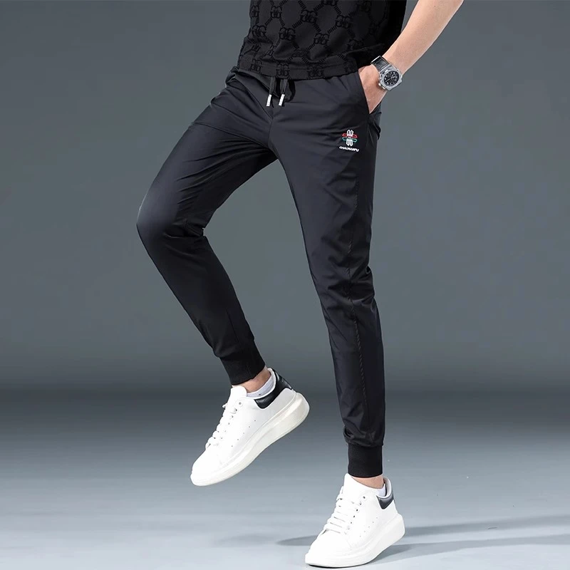 轻奢时尚潮牌运动裤夏季梭织速干裤子男跑步束脚冰丝刺绣休闲长裤