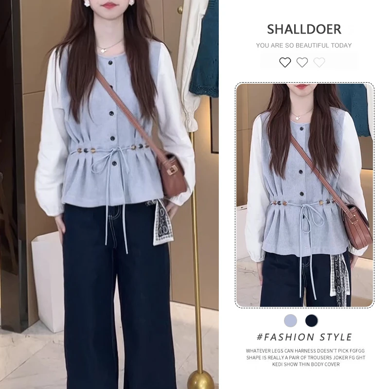 港风复古假两件长袖衬衫女2025年春秋新款设计感小众收腰显瘦上衣