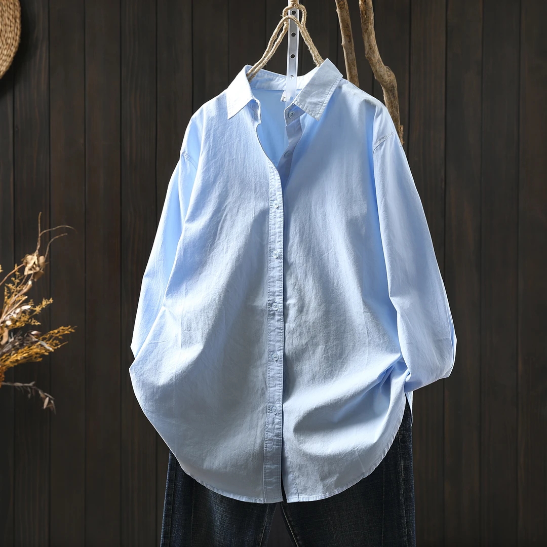 女士2025新款衬衫早秋蓝色纯棉纯色百搭文艺气质宽松翻领长袖衬衣