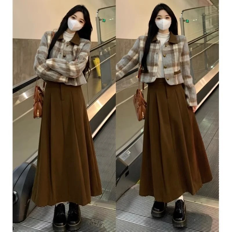 网红两件套毛呢外套女装秋冬新款百褶半身裙小香风套装裙子女上衣