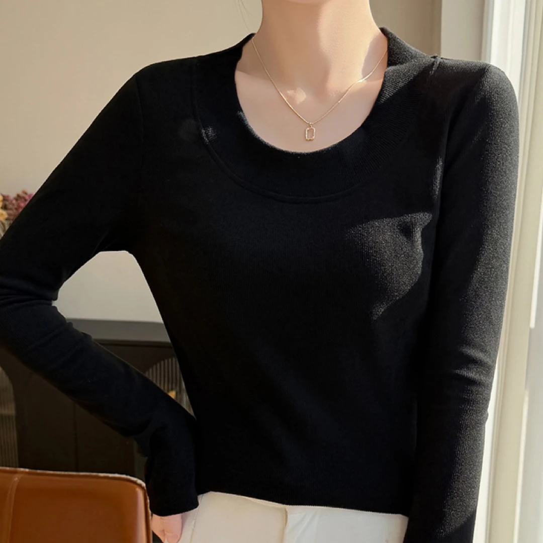 秋冬软糯纯色U领磨毛打底衫长袖内搭