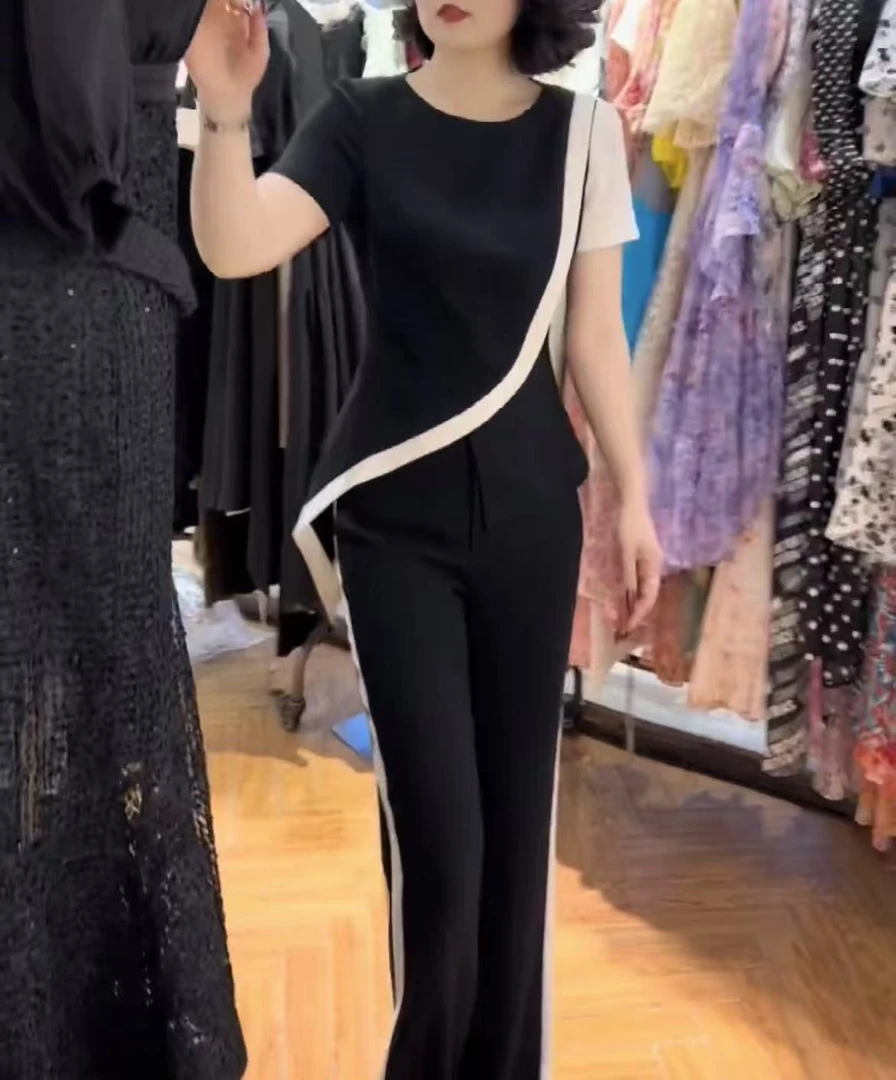 网红爆款2025春季休闲显瘦时尚设计感拼接短袖高腰阔腿裤套装