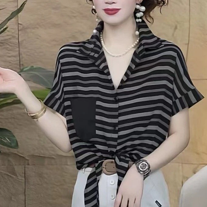 爆款2025夏季新款时尚条纹复古宽松系带百搭短袖衬衫