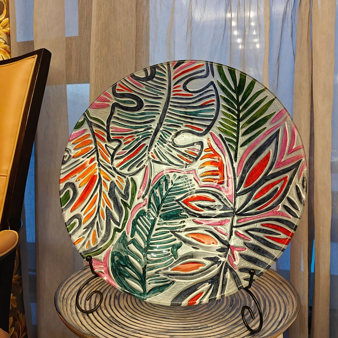 琉璃七彩叶子装饰盘果盘家居装饰摆件（送支架）