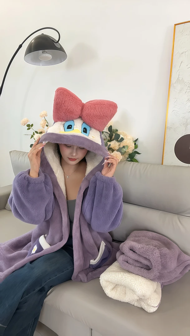 冬季保暖双层复合加厚加绒睡袍睡衣宽松连帽睡袍女冬加厚加绒