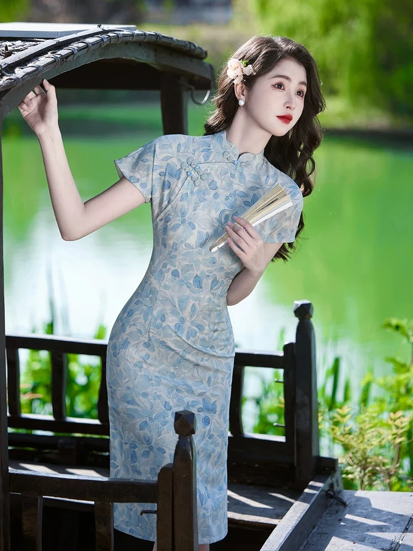 蓝风铃 古法改良旗袍小个子新款夏季新中式素雅显瘦显高 105