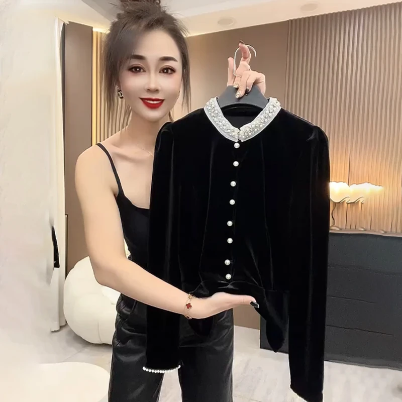 秋冬新款金丝绒小衫女时尚重工串珠圆领T恤衫气质百搭长袖上衣潮