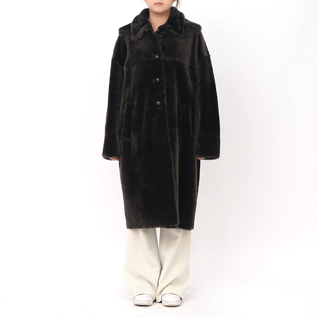 新潮风长款皮毛一体外套纯色羊毛皮冬季防寒皮草女士 24140