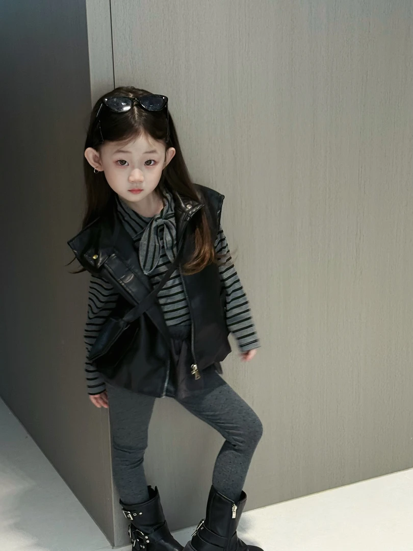 2025秋装韩系童装高级感女宝宝马甲套装皮衣女童外套夹克套装潮